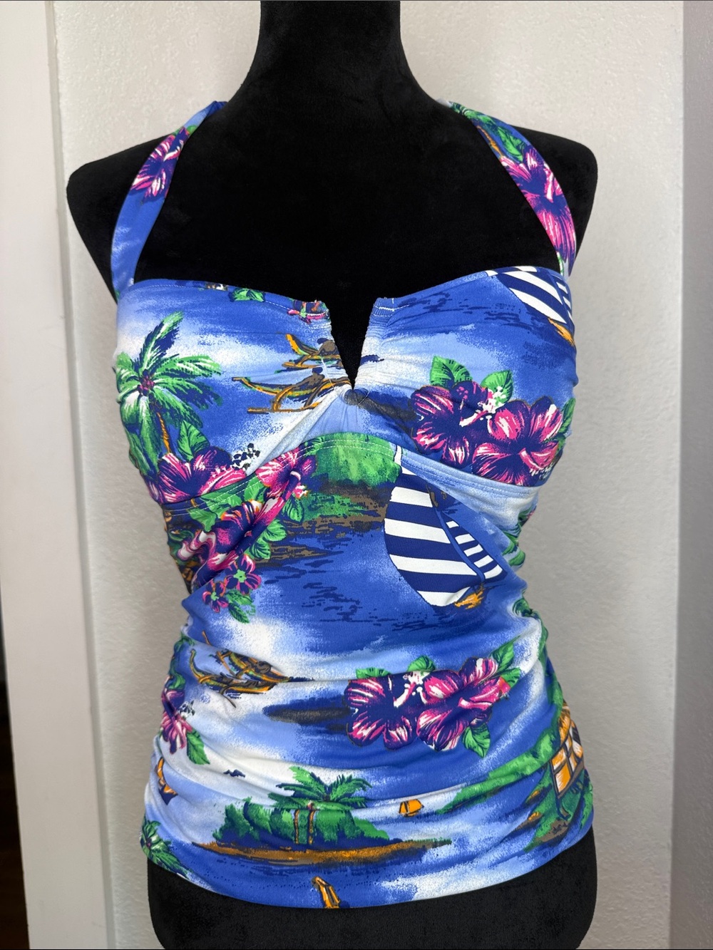 Tommy Bahama Tropical Halter Tankini Swim Top Blue Hawaiian Floral Island Print